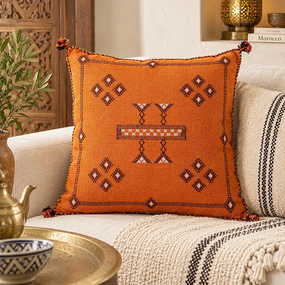 Coussin sabra orange à bande centrale brodée sur un canapé clair