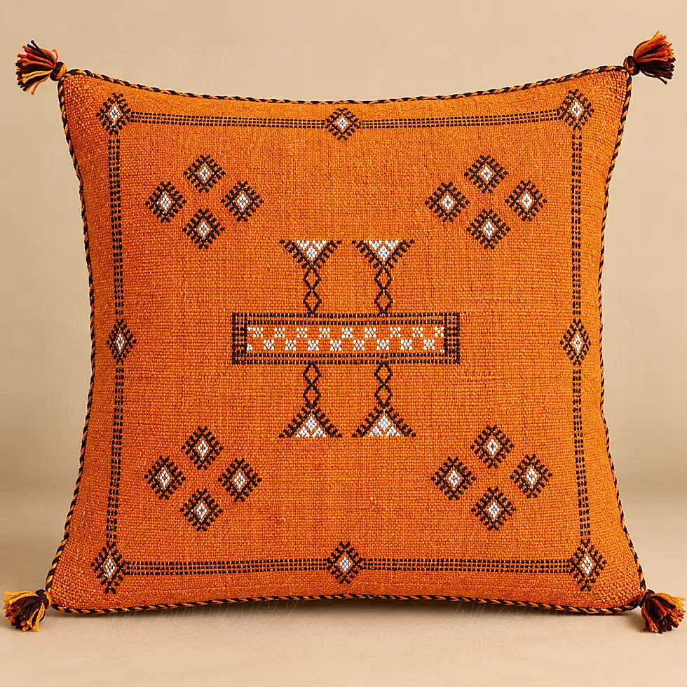 Coussin sabra orange à bande centrale brodée sur fond beige uni
