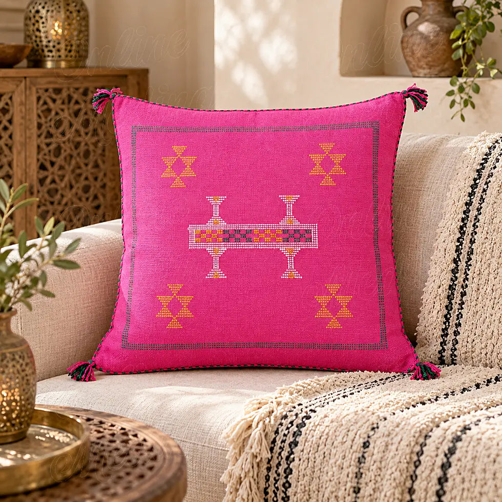 Coussin sabra rose fuchsia à bande centrale brodée sur un canapé clair