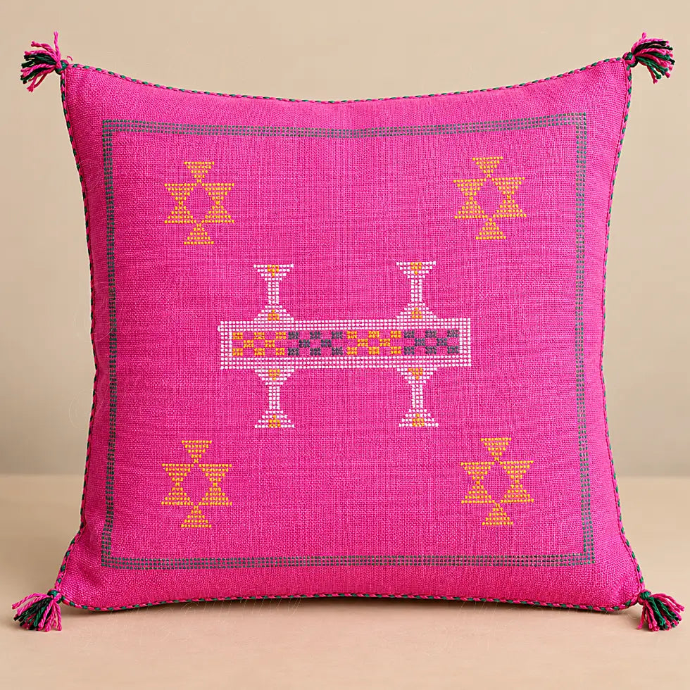 Coussin sabra fuchsia à bande centrale brodée présenté seul sur fond beige