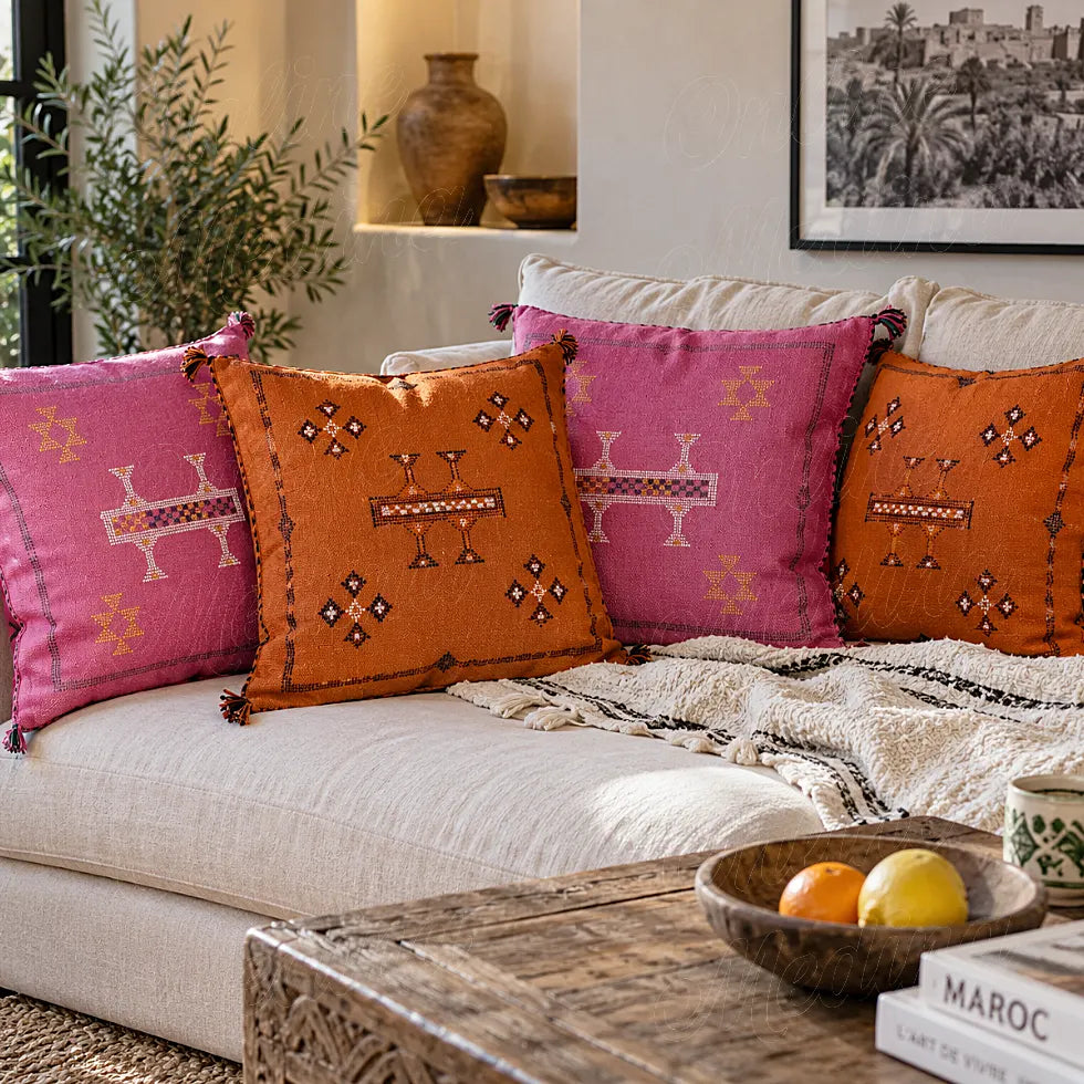 Quatre coussins sabra orange et fuchsia à motifs brodés sur un canapé