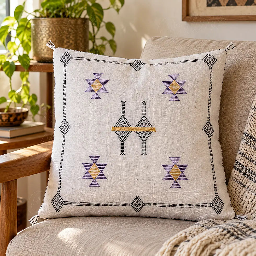 Coussin sabra écrue à cadre géométrique brodé sur un canapé clair
