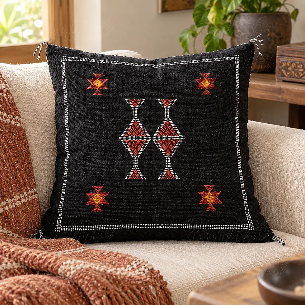 Coussin sabra noir à cadre géométrique brodé sur un canapé clair