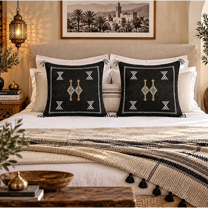 Deux coussins sabra noirs à motifs contrastés disposés sur un grand lit