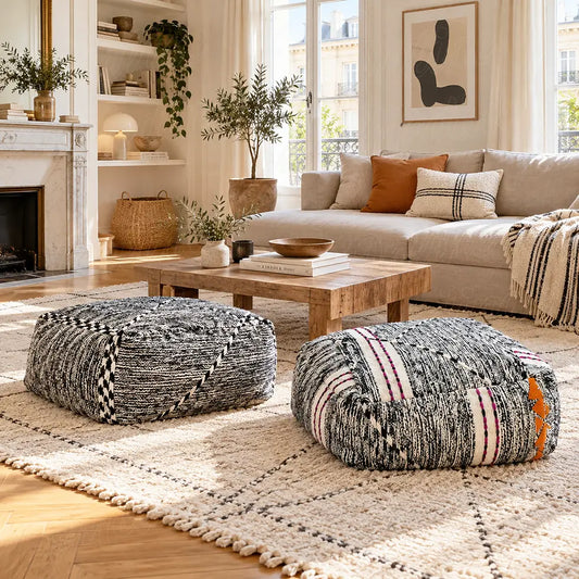Deux poufs en laine chinée noire et crème devant une table basse en bois dans un salon lumineux