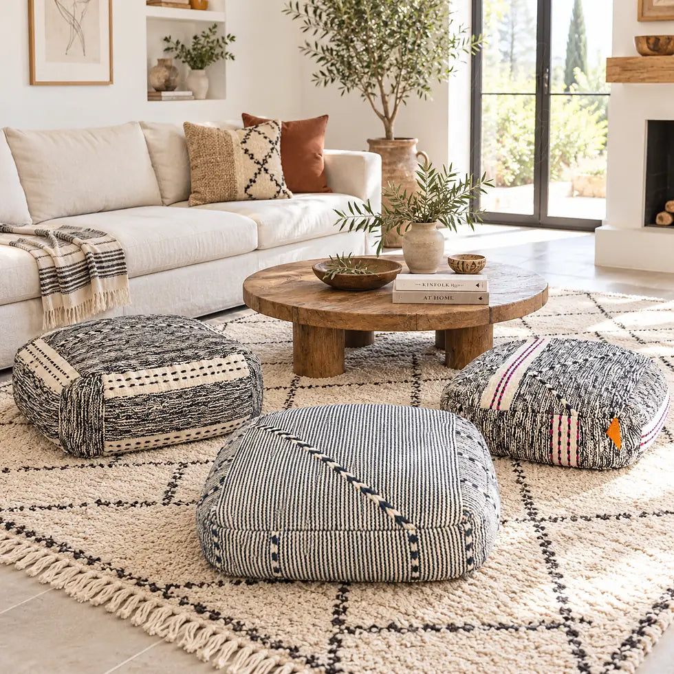 Trois poufs en laine noire et crème aux motifs variés devant une table basse ronde dans un salon clair