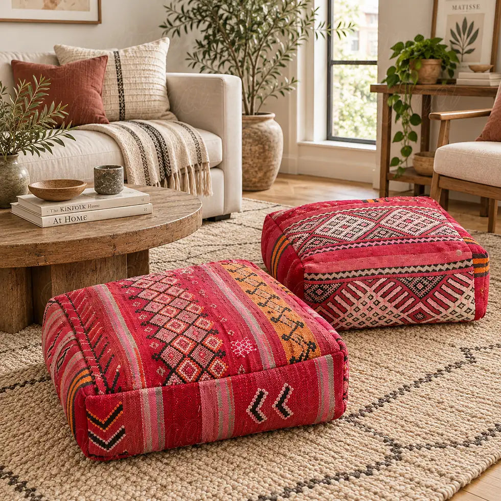 Dos pufs rojos de lana con distintos motivos geométricos sobre una alfombra clara junto a un sofá beige