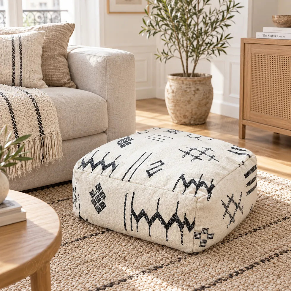 Puf de lana marfil con motivos geométricos negros sobre una alfombra clara, entre un sofá beige y un aparador