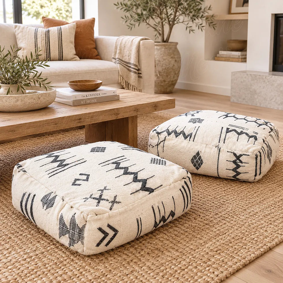Dos pufs bajos de lana marfil con motivos geométricos negros sobre una alfombra beige junto a una mesa de madera