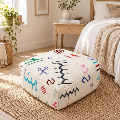 Ivory wool pouf with colorful geometric motifs on a beige rug beside a bed and wooden nightstand