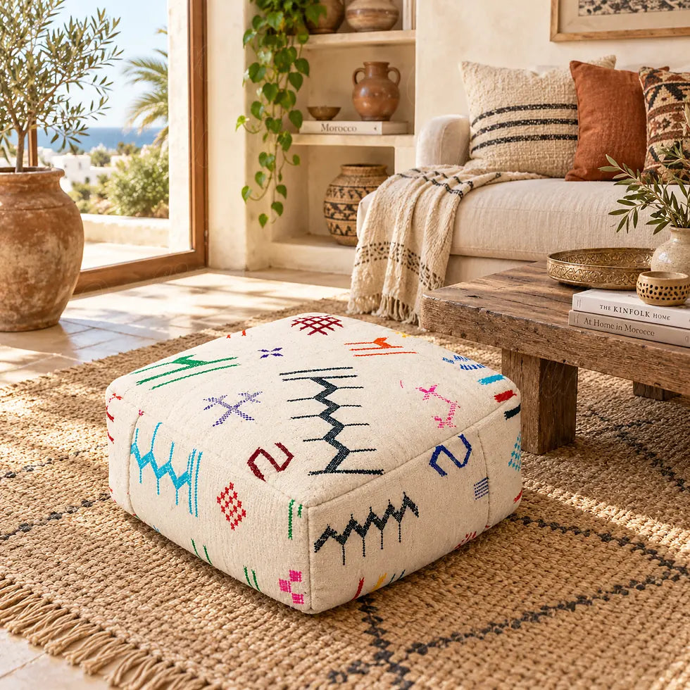 Ivory wool pouf with colorful geometric motifs beside a wooden table in a living room with a sea view
