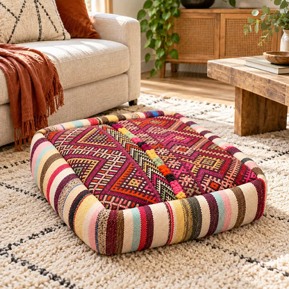 Pouf en laine bordeaux à motifs géométriques multicolores dans un salon lumineux