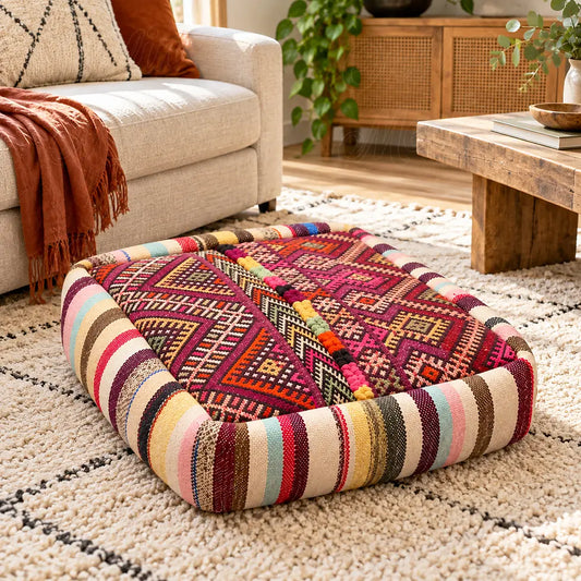 Pouf en laine bordeaux à motifs géométriques multicolores dans un salon lumineux