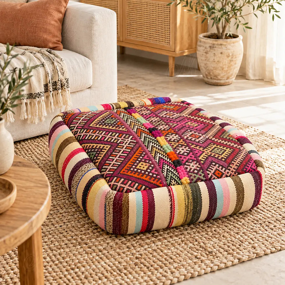Pouf en laine bordeaux à motifs géométriques multicolores près d’une fenêtre