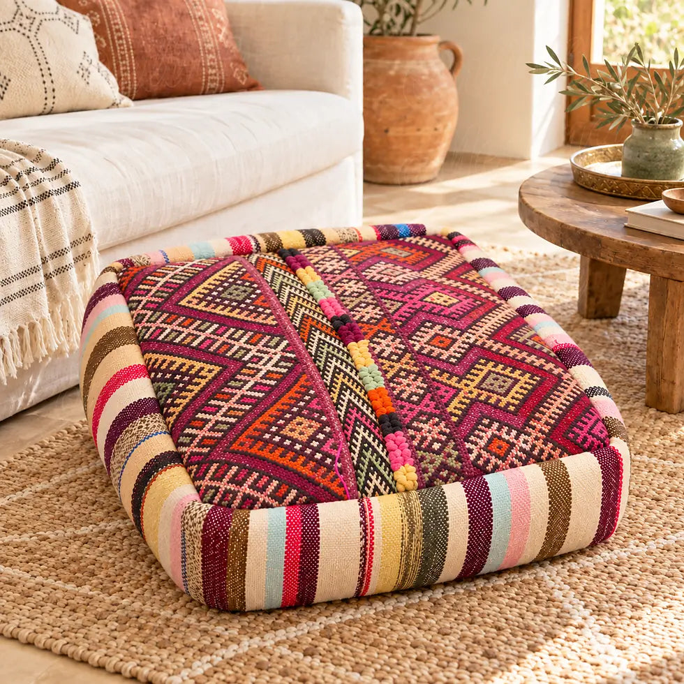 Pouf en laine bordeaux à motifs géométriques multicolores près d’un canapé