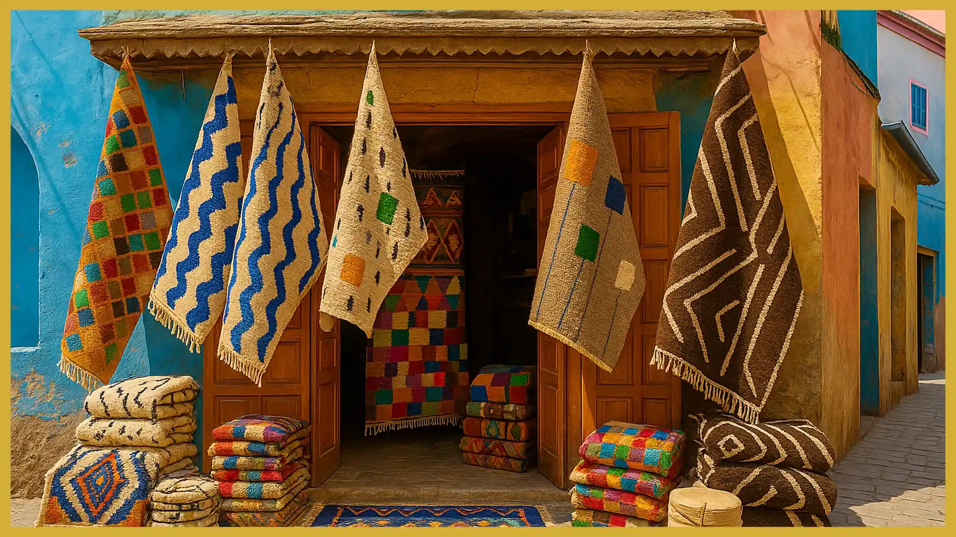 Traditional Moroccan rug shop in the Middle Atlas, showcasing handwoven Berber wool rugs by local artisans.