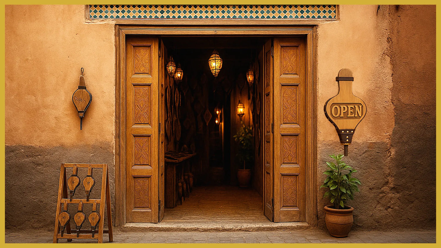 Authentic Moroccan bellows store now open – handmade leather and wood bellows on display outside a traditional medina workshop with carved doors and lanterns