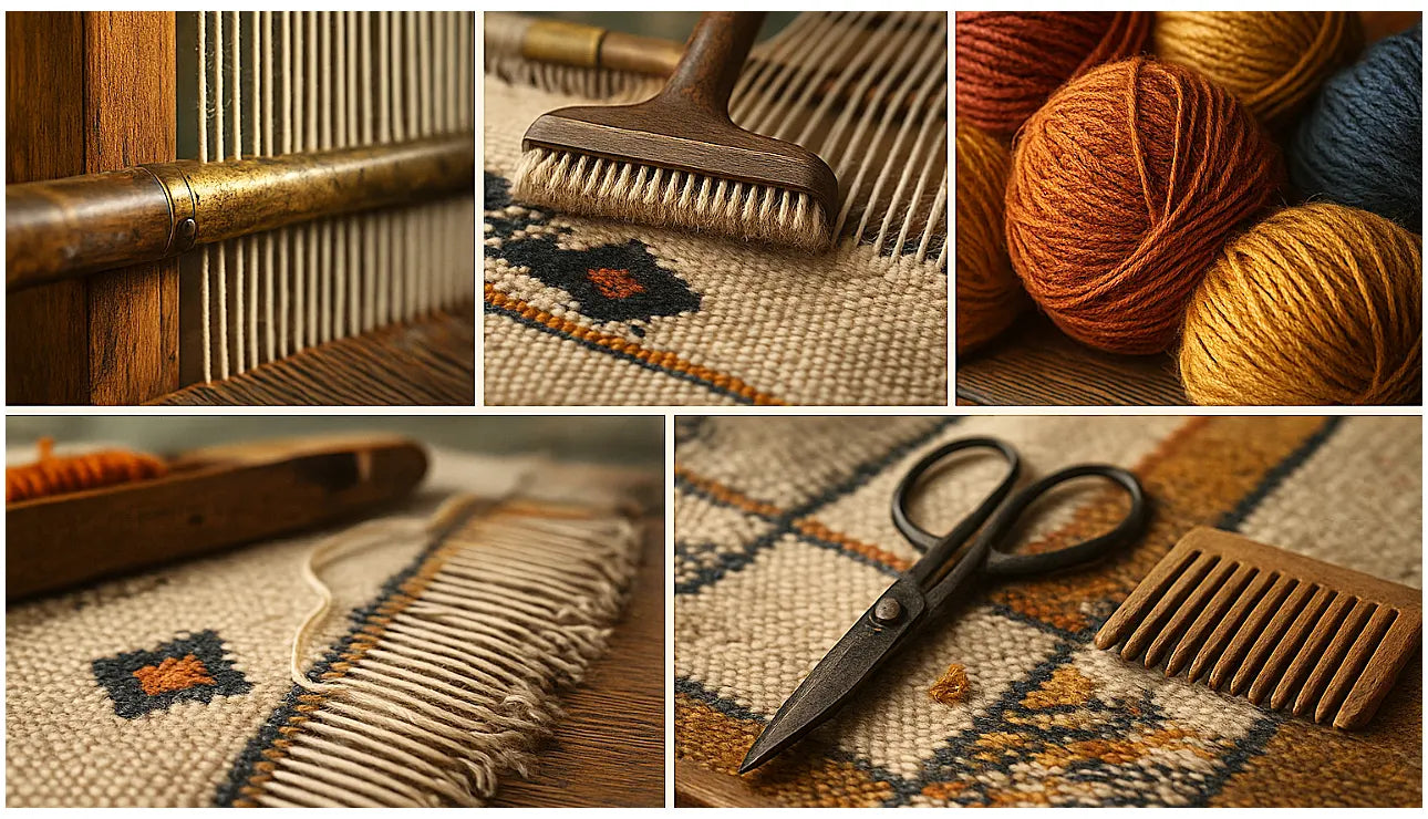 Berber weaving craft collage with wool, loom details and artisan tools – authentic handmade Moroccan textile tradition.