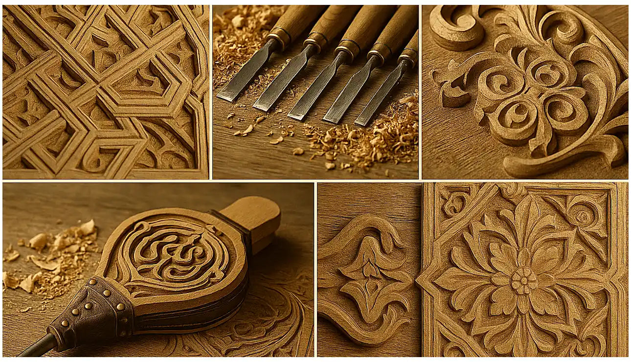 Moroccan wood carving craft collage with traditional patterns and handmade bellows – artisanal detail photography that highlights authentic craftsmanship.