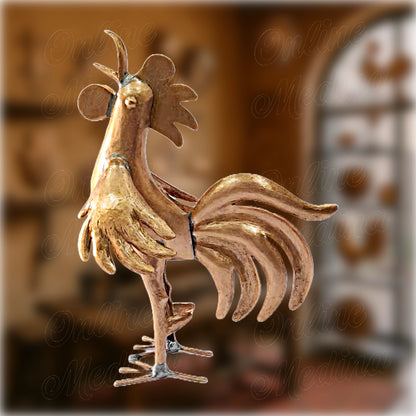 Hand-hammered Moroccan rooster sculpture entirely made of red copper – deep orange finish with traditional metalwork details.