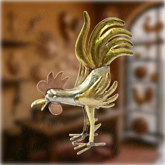 Decorative rooster with silver-tin alloy body, brass wings and legs, and red copper crest