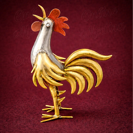 Moroccan mixed metal rooster sculpture standing upright with brass tail silver body and copper comb detailing