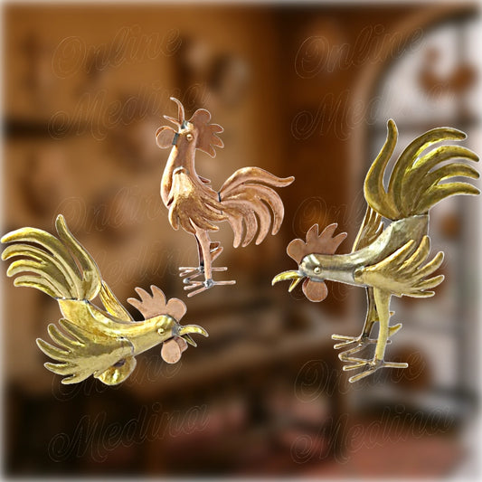 Three handmade Moroccan metal rooster wall sculptures in brass, copper and tin alloy – decorative and artistic hammered finish.