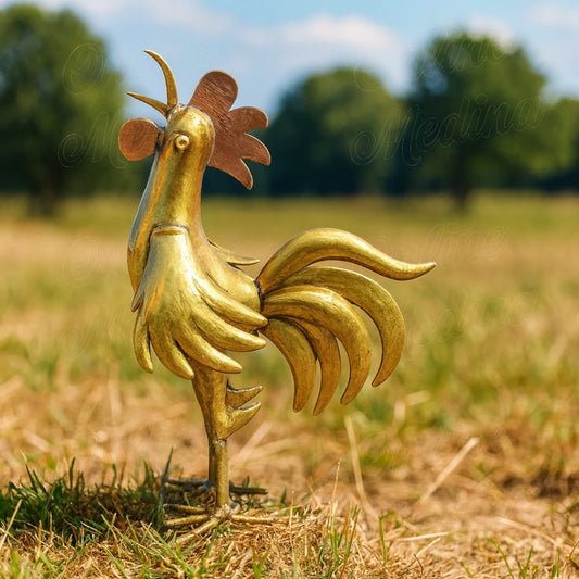 Handcrafted metal rooster with golden finish – decorative Moroccan sculpture by Online Medina