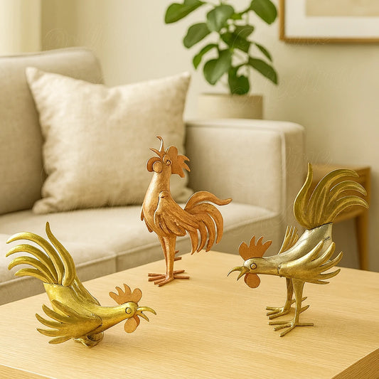 Handcrafted Moroccan metal rooster sculptures in brass and copper displayed on a wooden coffee table in a cozy living room, Online Medina artisan decor.