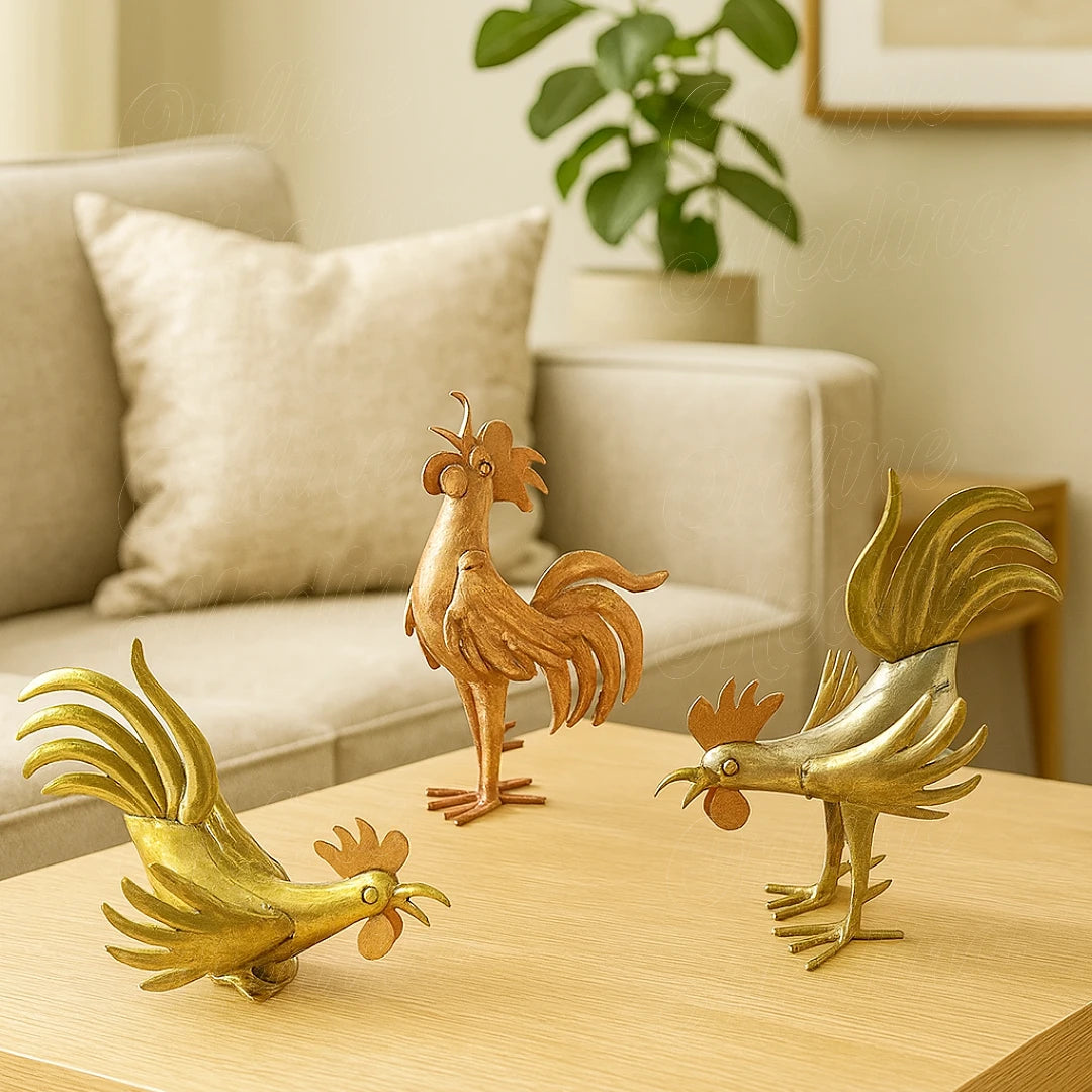 Handcrafted Moroccan metal rooster sculptures in brass and copper displayed on a wooden coffee table in a cozy living room, Online Medina artisan decor.