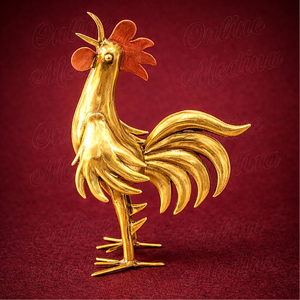 Handcrafted Moroccan brass rooster sculpture in upright posture with elegant curved tail and polished finish