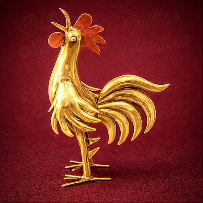 Handcrafted Moroccan brass rooster sculpture in upright posture with elegant curved tail and polished finish