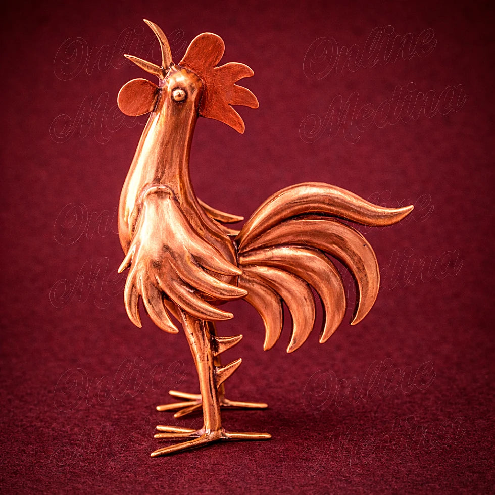 Moroccan copper rooster sculpture in tall upright stance with detailed handcrafted metal surface