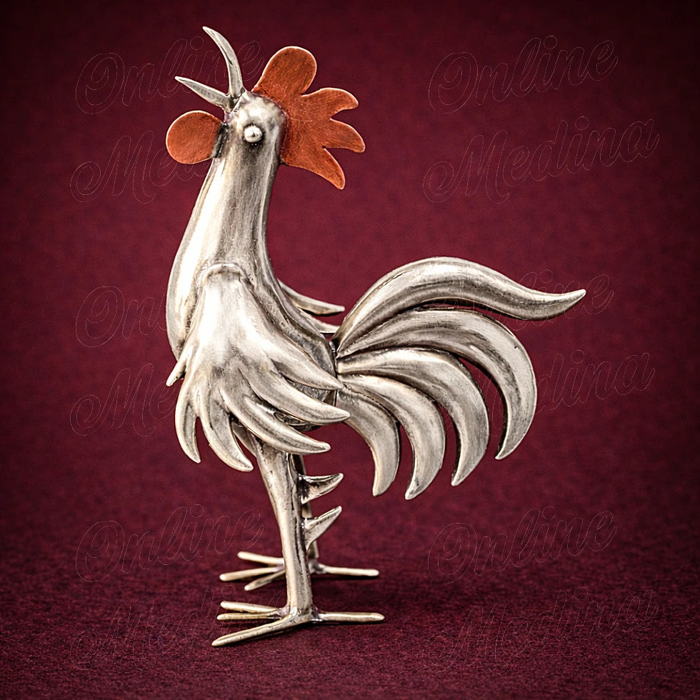 Moroccan silver alloy rooster sculpture in elegant upright profile with artisan textured metal finish