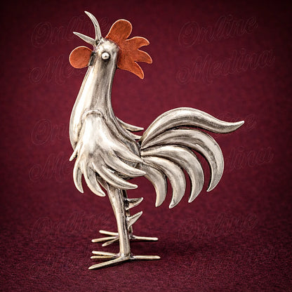 Moroccan silver alloy rooster sculpture in elegant upright profile with artisan textured metal finish