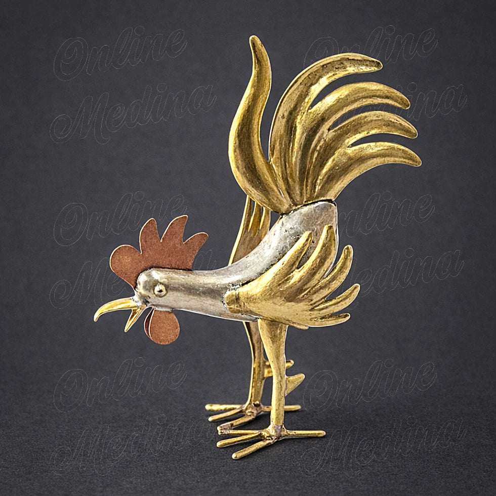 Handcrafted Moroccan mixed metal rooster sculpture with brass wings and silver body in forward head posture