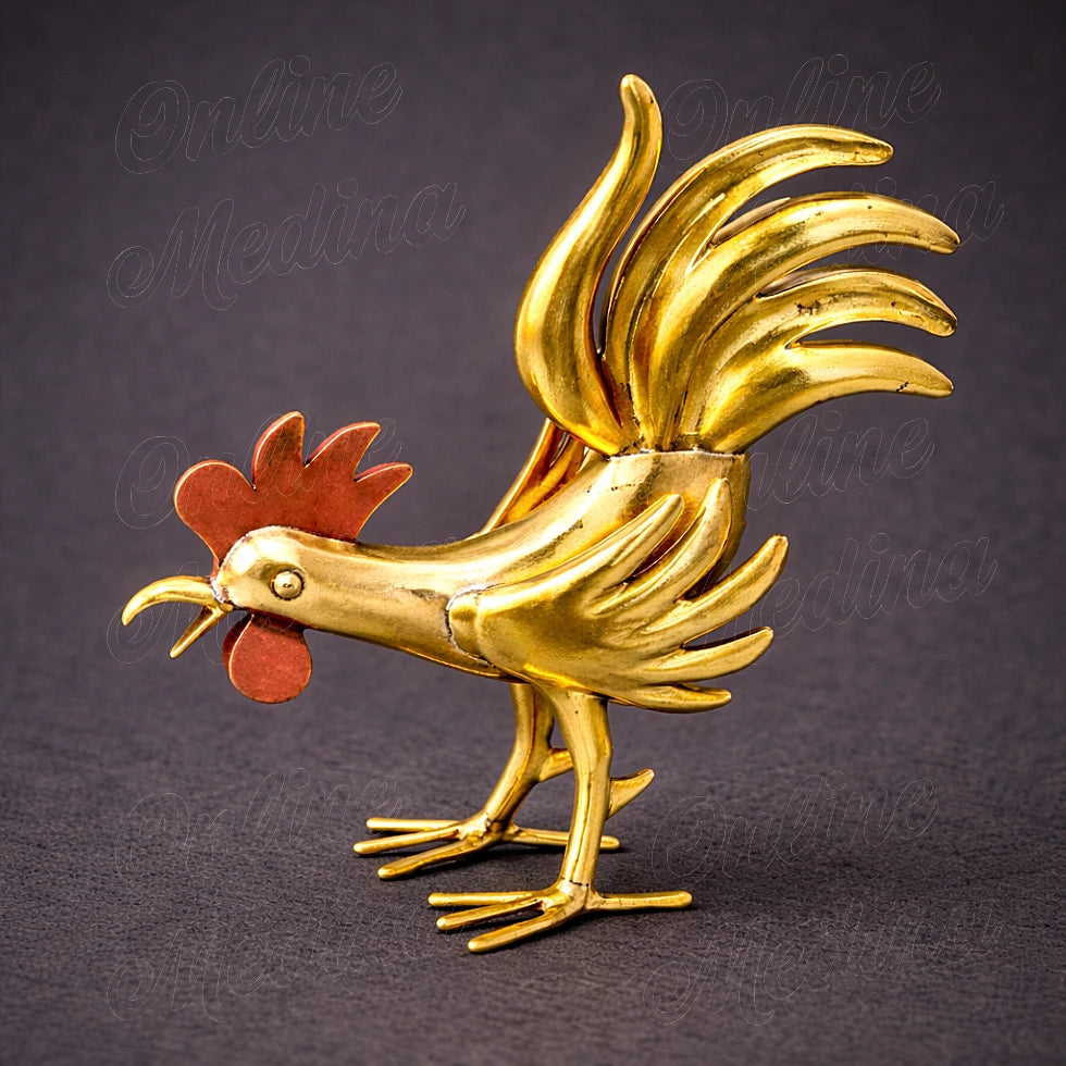 Moroccan handcrafted brass rooster sculpture in forward head stance with detailed wings and curved tail feathers