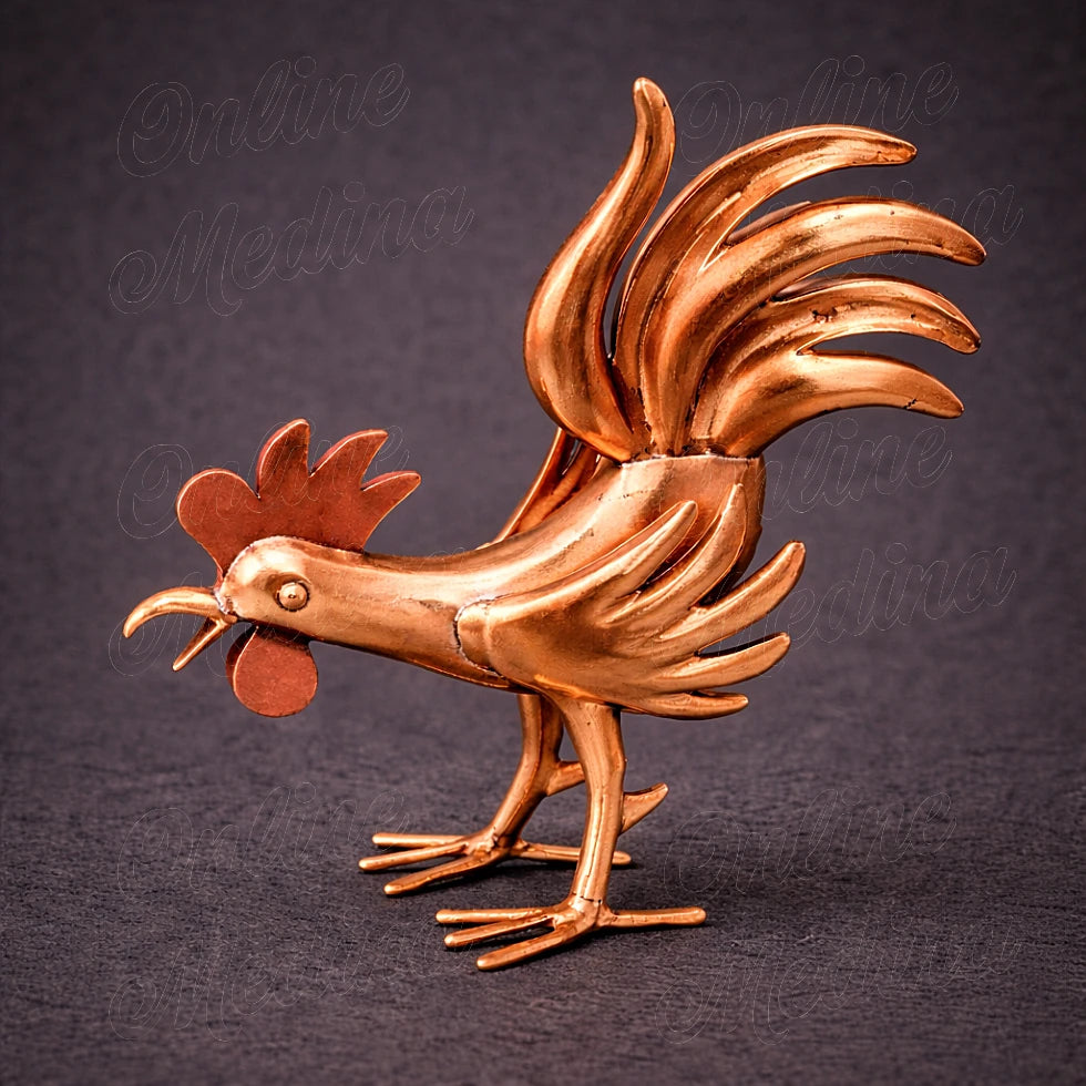 Handmade Moroccan copper rooster sculpture in forward leaning posture with sculpted feathers and metal finish