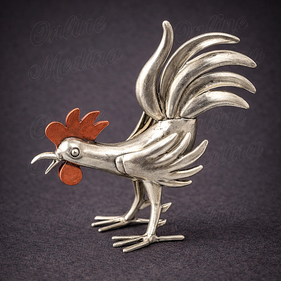 Moroccan silver alloy rooster sculpture in forward head position with textured artisan metal detailing
