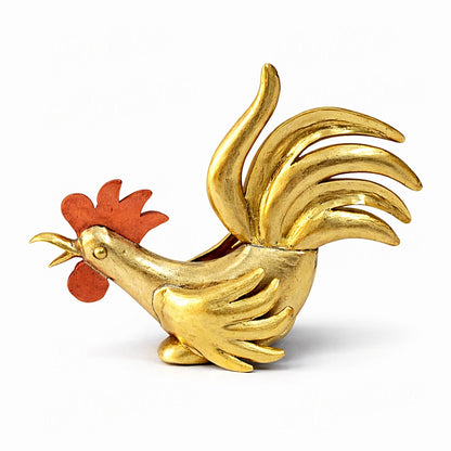 Moroccan handcrafted brass rooster sculpture in compact low head position with curved tail and polished finish