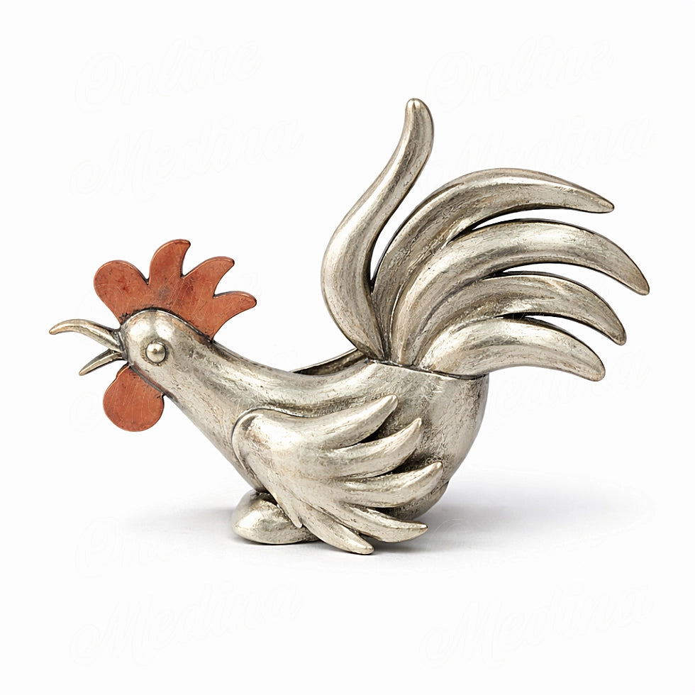 Moroccan silver alloy rooster sculpture in compact forward posture with textured handcrafted metal surface