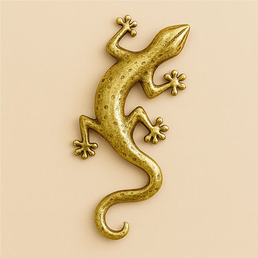 Golden brass wall lizard sculpture with smooth metallic shine, Moroccan home decor accent