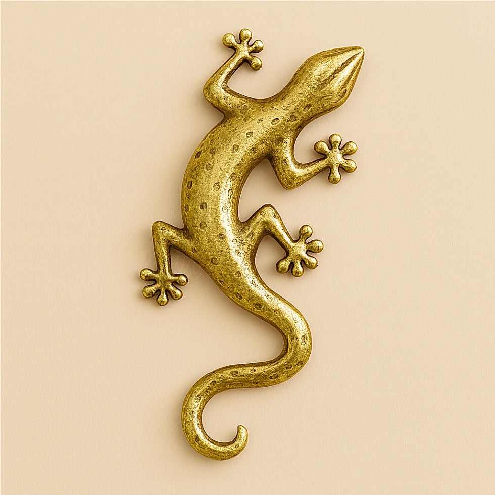 Golden brass wall lizard sculpture with smooth metallic shine, Moroccan home decor accent