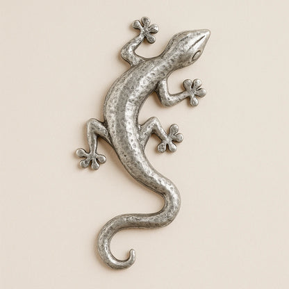 Silver metal wall lizard with aged texture and engraved geometric design, handmade in Morocco