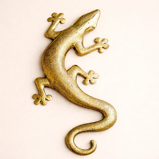 Golden brass wall lizard sculpture with smooth metallic shine, Moroccan home decor accent