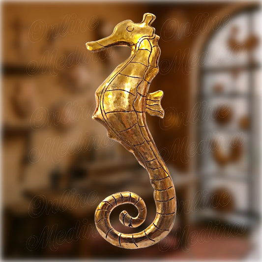 Handmade Moroccan seahorse sculpture in hammered copper, stylized wall decor crafted by a master craftsman in Marrakech.