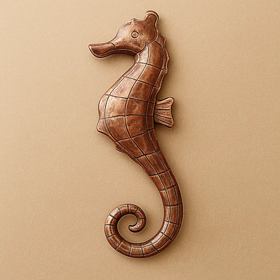 Artisanal copper seahorse wall decor, handmade Moroccan hammered metal sculpture