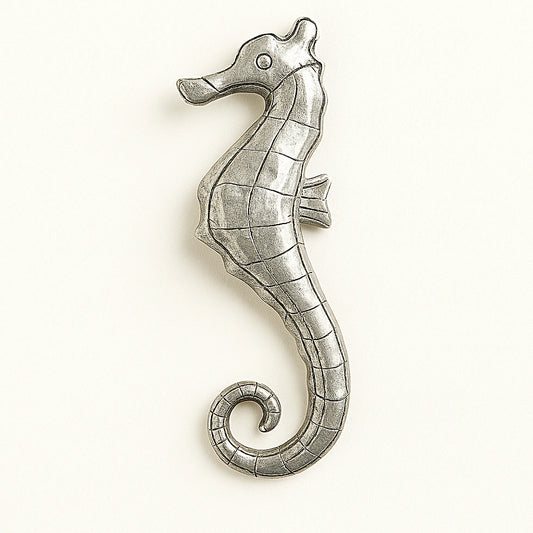 Silver-tone seahorse wall ornament, hand-hammered Moroccan alloy metal sculpture