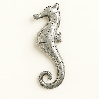 Silver-tone seahorse wall ornament, hand-hammered Moroccan alloy metal sculpture