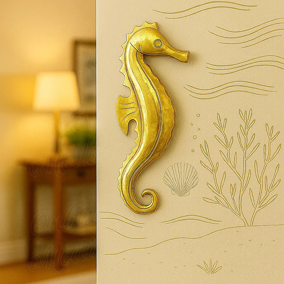 Gold seahorse wall art in a cozy living room, Moroccan handmade metal decoration